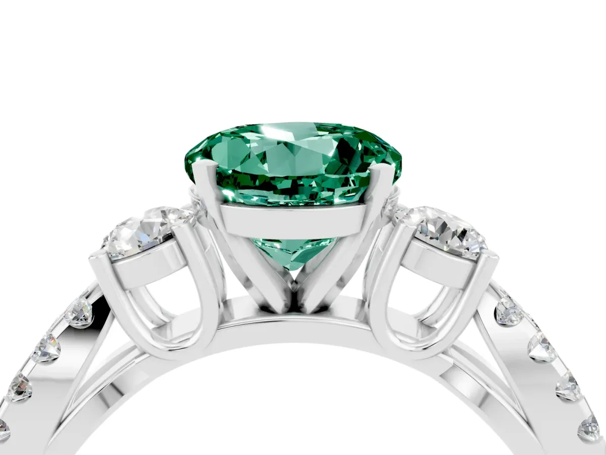 Round Cut Green Sapphire Three-Stone Ring with Pavé Split Shank and Four-Prong Setting Silver