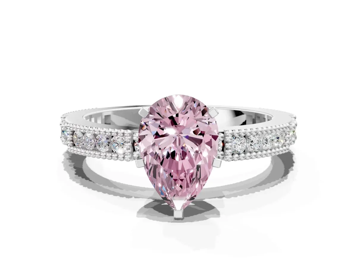 Fancy Pink Pear Cut Solitaire with Pavé Band and Four-Prong Setting Platinum