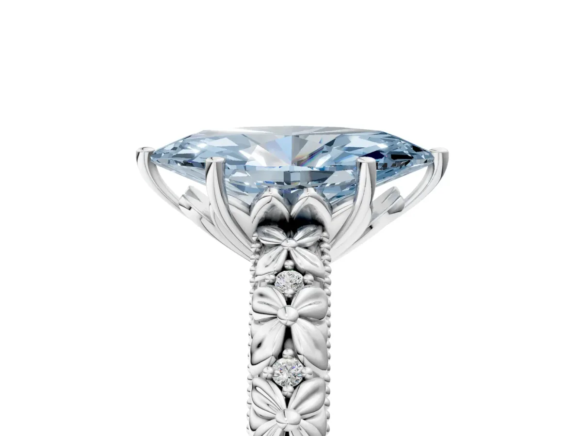 Fancy Blue Marquise Cut Solitaire Floral Milgrain Engagement Ring Silver