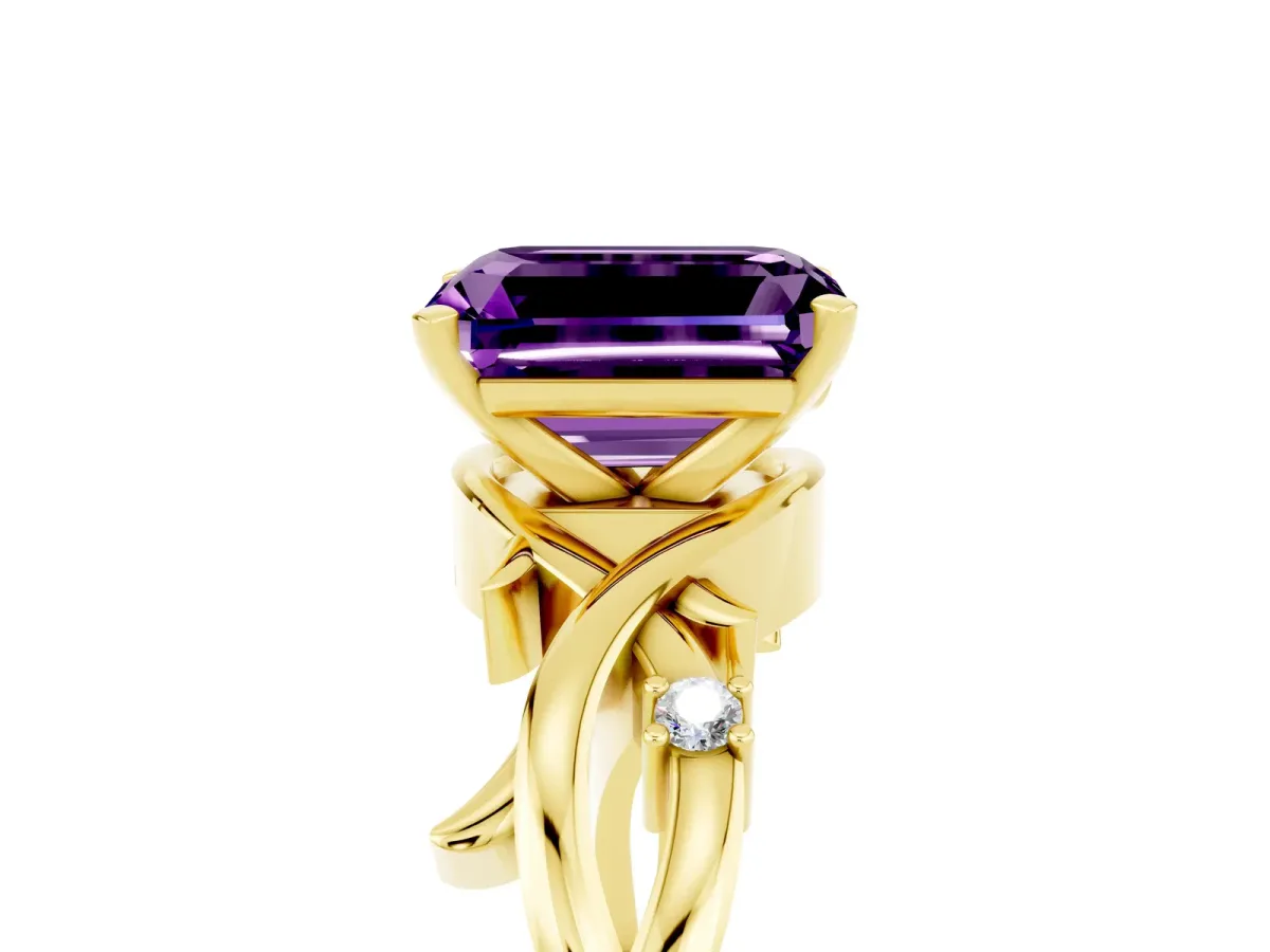 Emerald Cut Amethyst Solitaire Ring with Twisted Band and Prong Setting Yellow gold