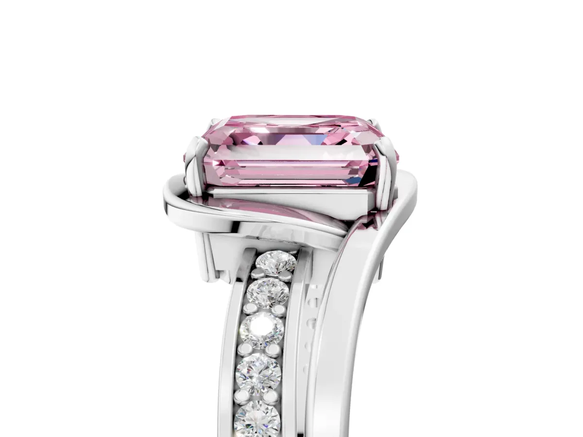 Fancy Pink Asscher Cut Diamond Solitaire Ring with Split Shank and Prong Setting Platinum