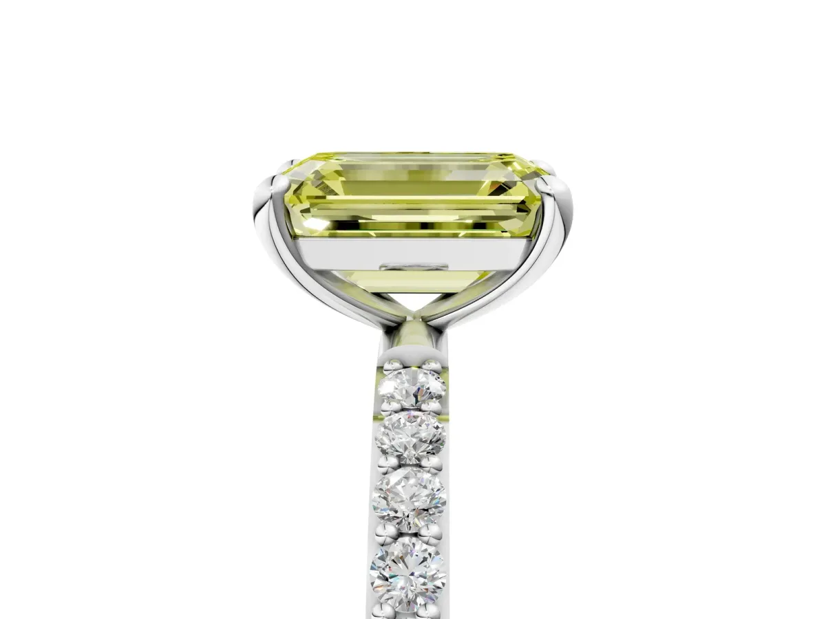 Fancy Yellow Emerald Cut Diamond Solitaire Ring with Round Pavé Band and Prong Setting Silver