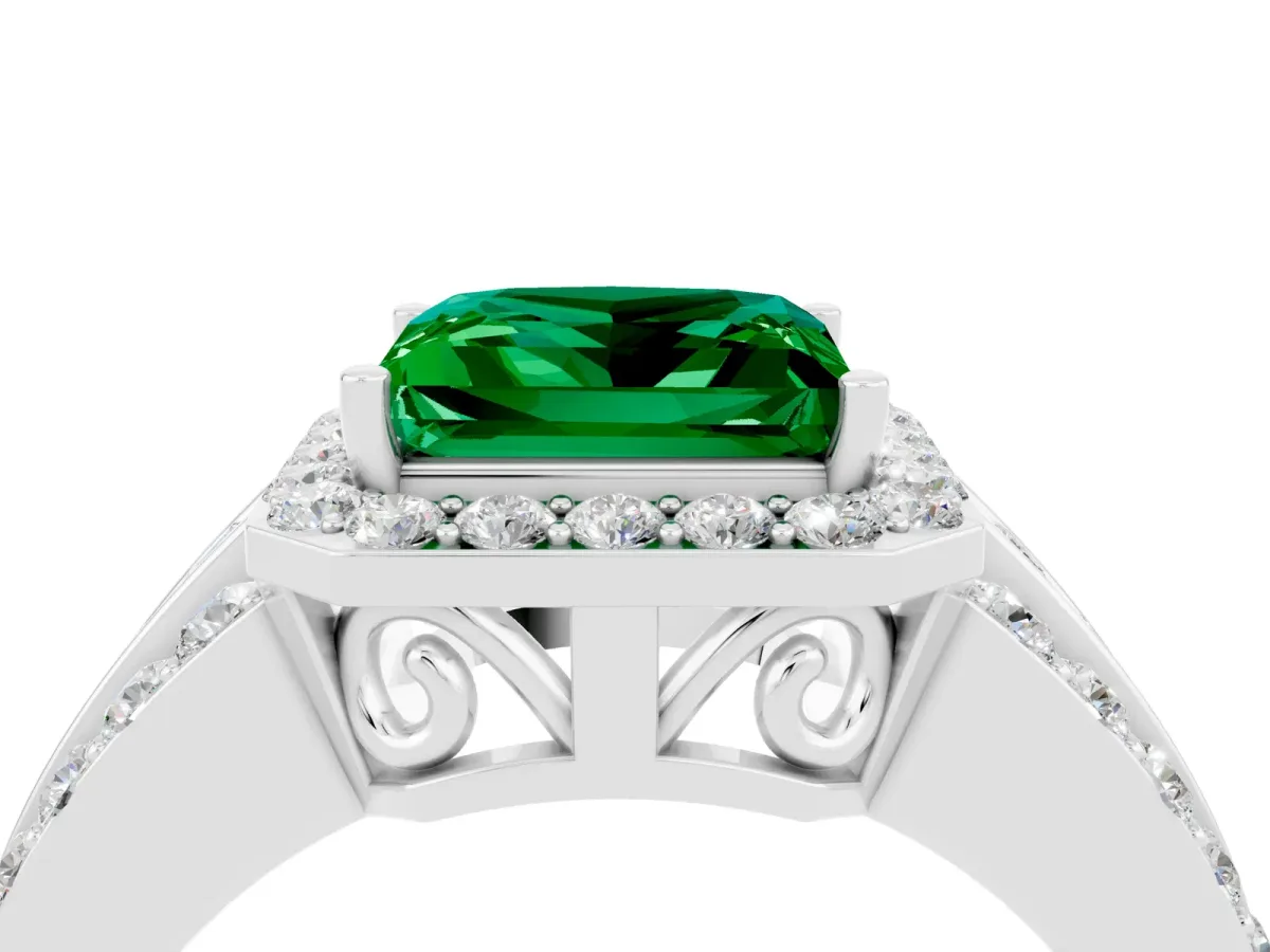 Princess Cut Halo Emerald Ring with Round Split Shank and Prong Setting Platinum