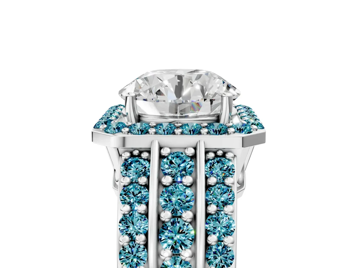 Round Cut Halo Diamond Ring with Round Blue Topaz Split Shank and Prong Setting Silver