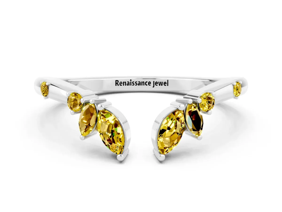 Open Marquise Cluster Yellow Sapphire Band with Prong Setting Platinum
