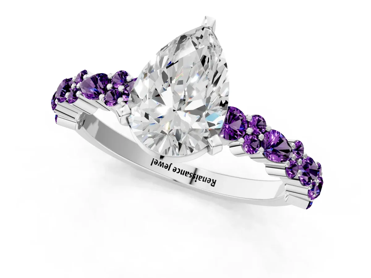 Pear Cut Diamond Side Stone Solitaire Ring with Round Amethyst and Four-Prong Setting Platinum
