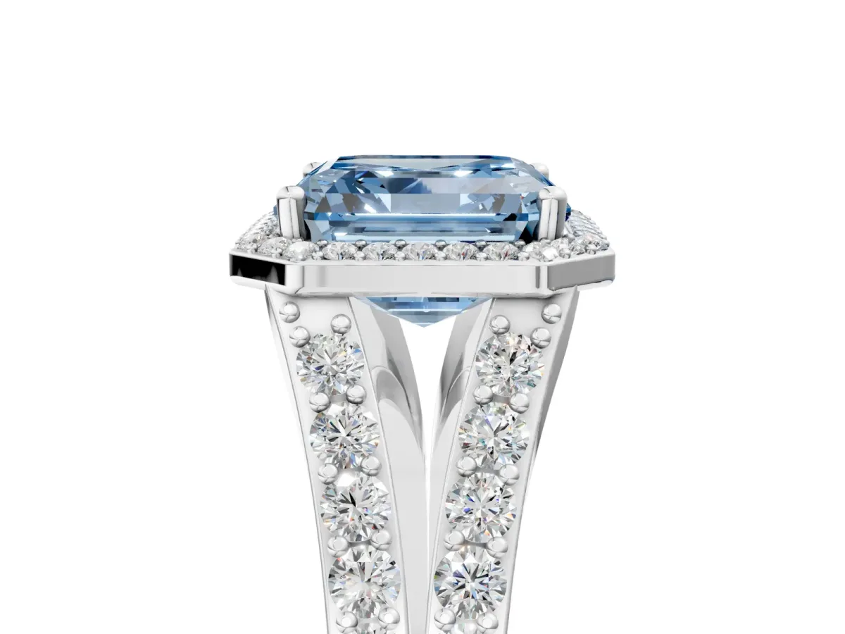 Fancy Blue Asscher Cut Diamond Split Shank Halo Ring with Four-Prong Setting Platinum