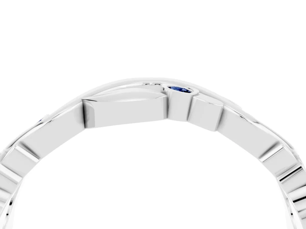 Round Blue Sapphire Leaf Eternity Band with Bezel Setting White gold