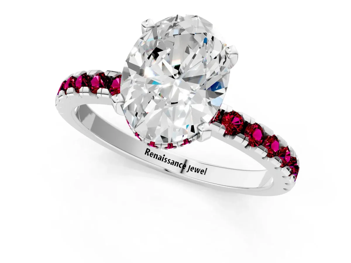 Oval Cut Diamond Solitaire Ring with Round Garnet Pavé Band and Four-Prong Setting Silver
