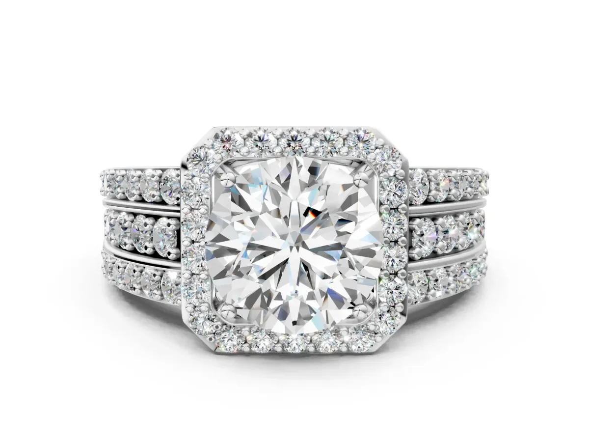 Round Cut Halo Diamond Ring with Round Split Shank and Prong Setting White gold