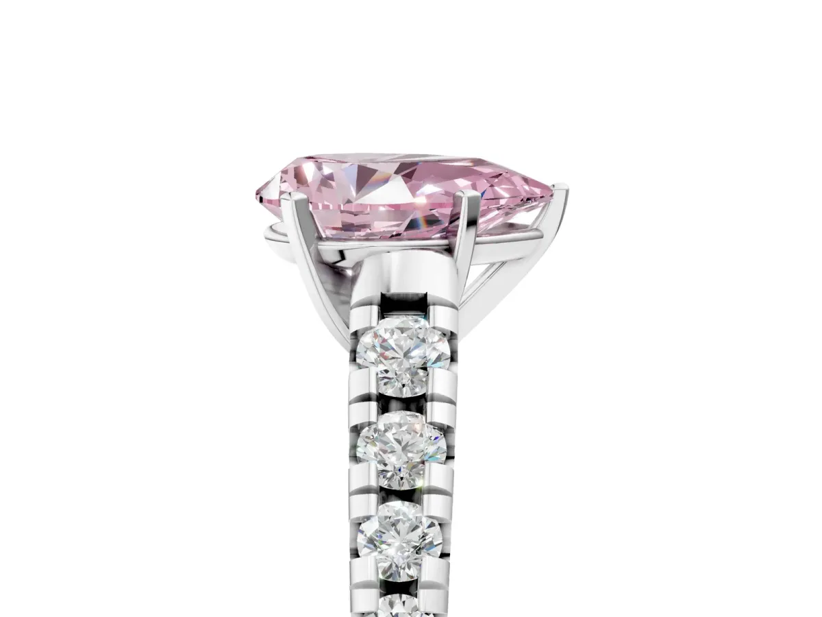 Fancy Pink Pear Cut Diamond Cathedral Solitaire Ring with Round Pavé Band Silver