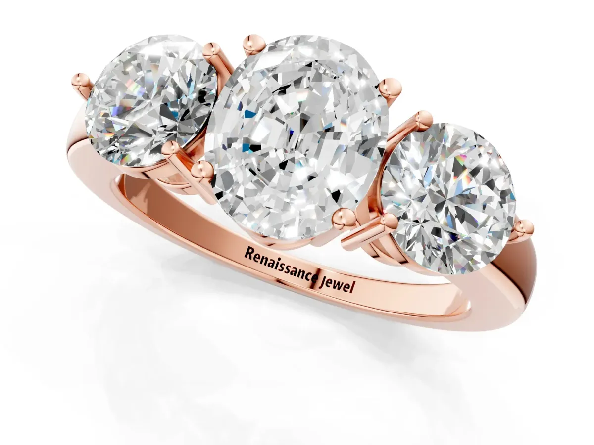 Oval Cut Diamond Three-Stone Ring with Prong Setting and Classic Band Rose gold