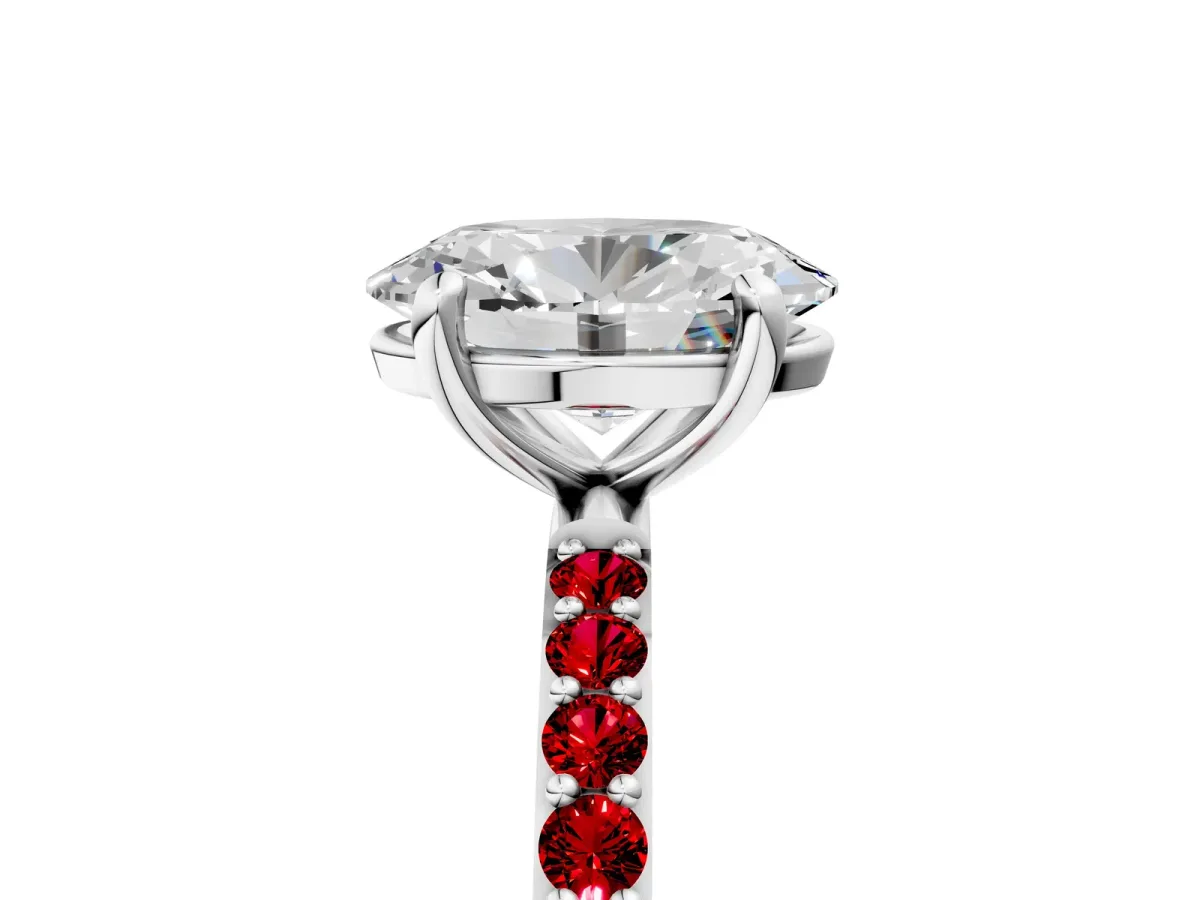 Oval Cut Diamond Solitaire Ring with Round Ruby Pavé Band and Prong Setting White gold