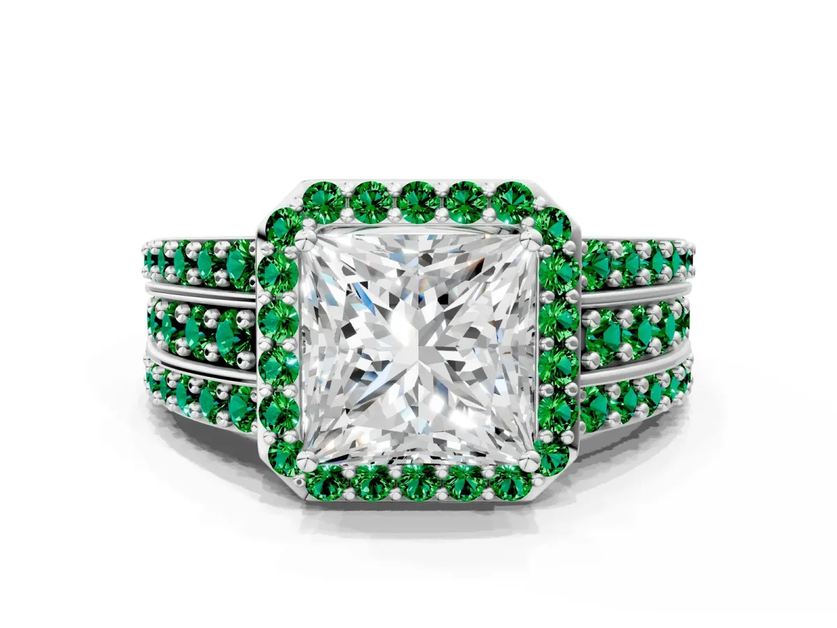 Princess Cut Halo Diamond Ring with Round Emerald Split Shank and Prong Setting White gold