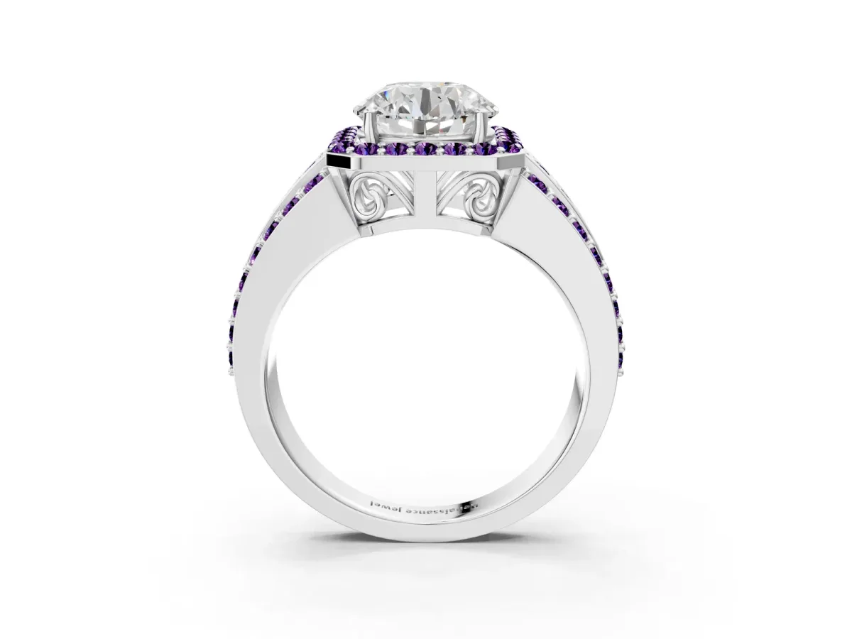 Round Cut Halo Diamond Ring with Round Amethyst Split Shank and Prong Setting Platinum