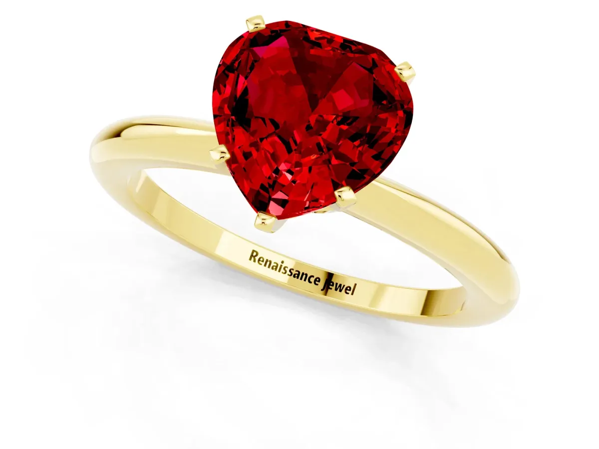 Heart Cut Ruby Solitaire Ring with Six-Prong Setting and Classic Band Yellow gold