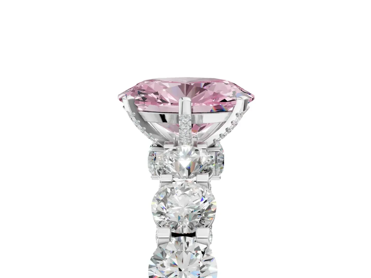 Fancy Pink Oval Cut Diamond Side Stone Engagement Ring with Four-Prong Setting Silver