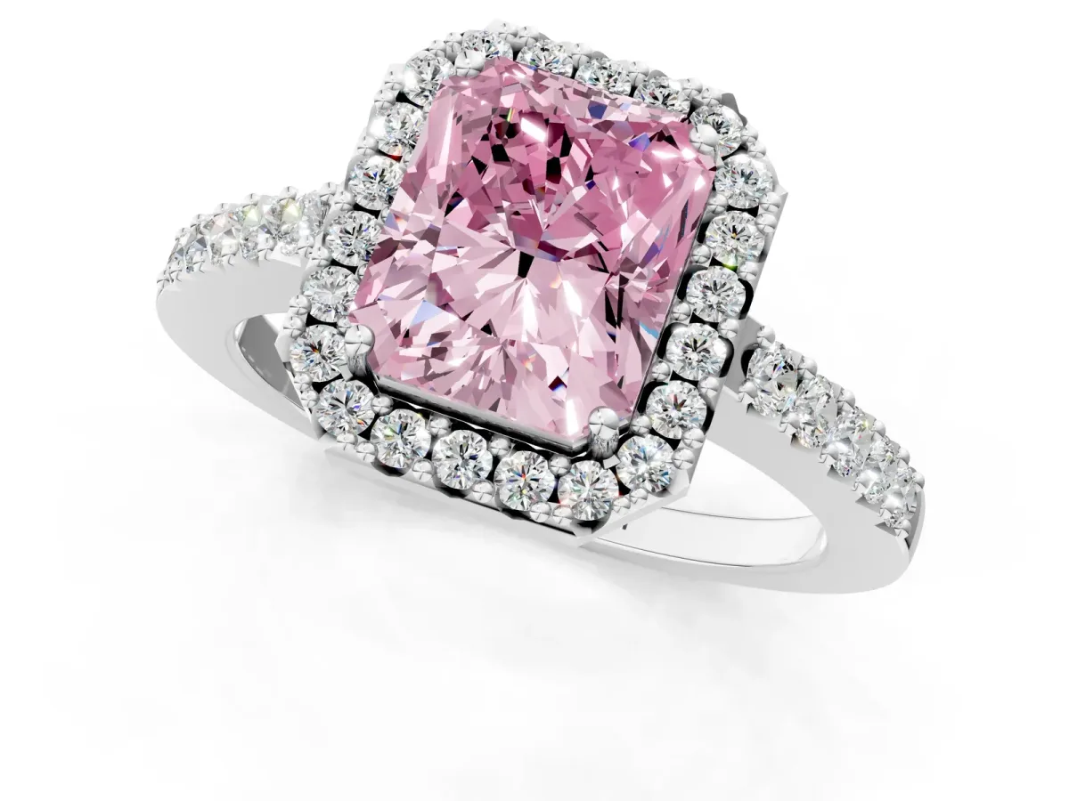 Fancy Pink Radiant Cut Halo Diamond Pavé Solitaire Ring Platinum