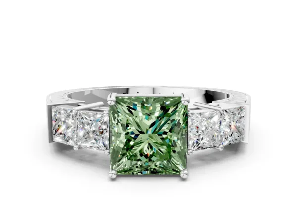 Fancy Green Princess Cut Solitaire Princess Side Stone Engraved Band Prong Setting Ring Platinum
