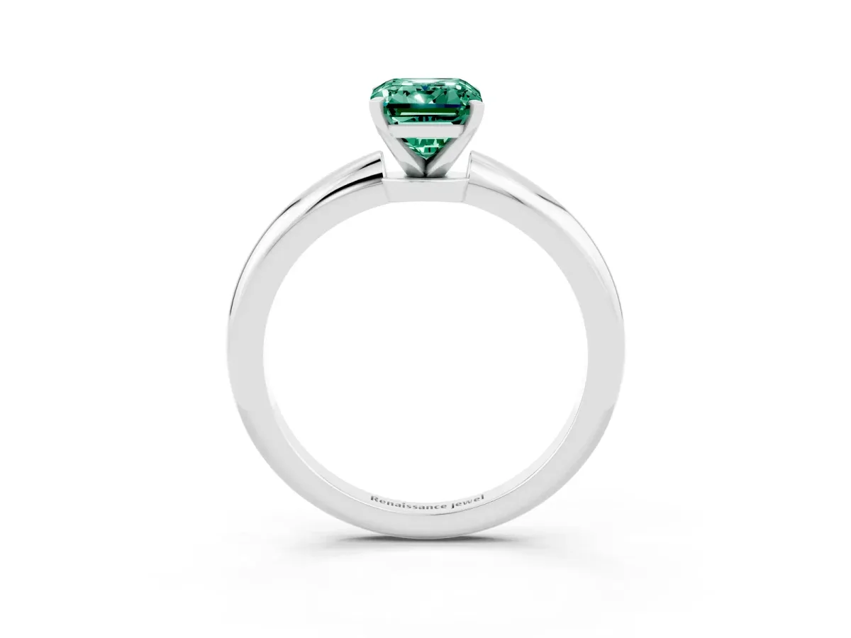 Emerald Cut Green Sapphire Solitaire Ring with Six-Prong Setting and Classic Band Silver