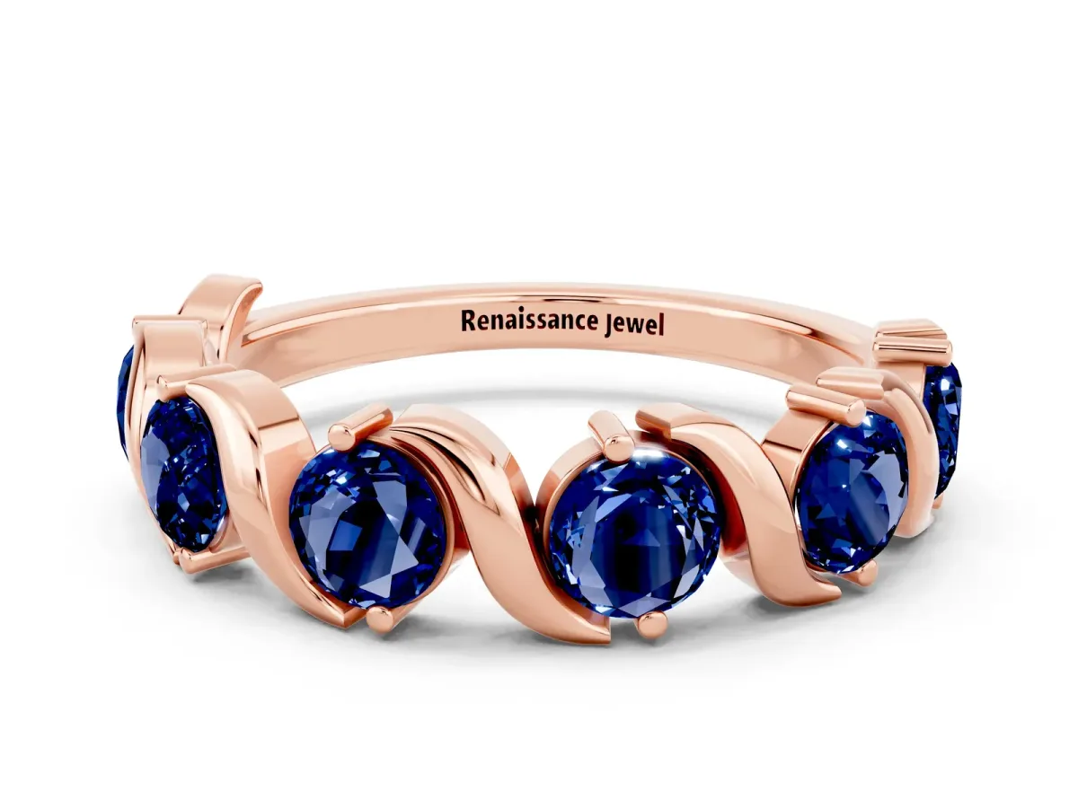 Round Blue Sapphire Half Eternity Band with Wave Prong Setting Rose gold