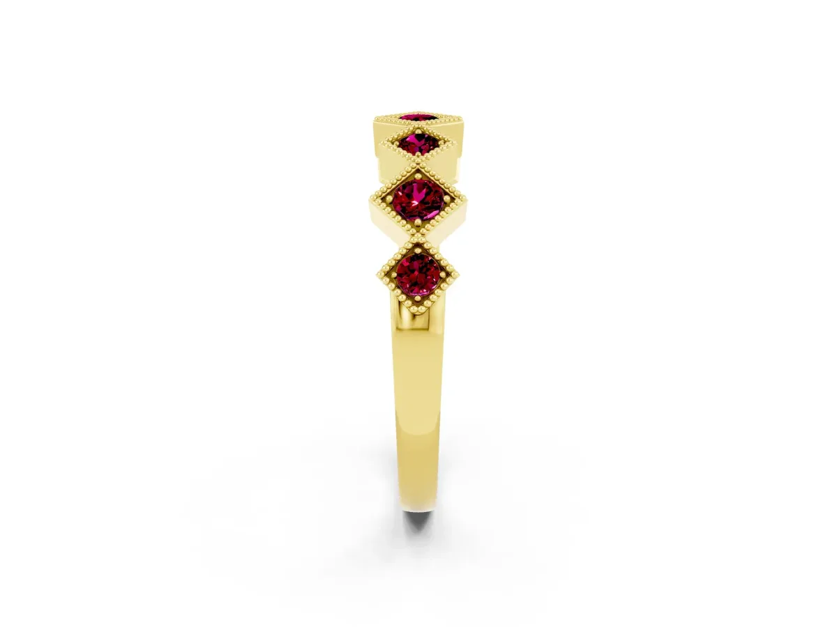 Milgrain Square Bezel Round Garnet Chevron Band Yellow gold