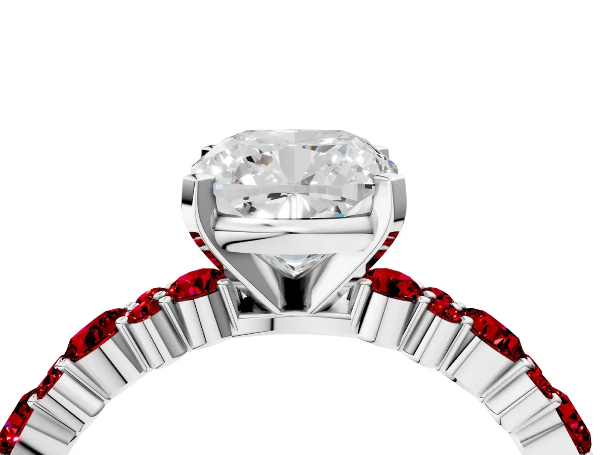 Cushion Cut Diamond Side Stone Solitaire Ring with Round Ruby and Four-Prong Setting Platinum