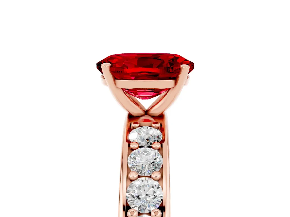 Oval Cut Ruby Engagement Ring with Channel Set Round Band and Prong Setting Rose gold