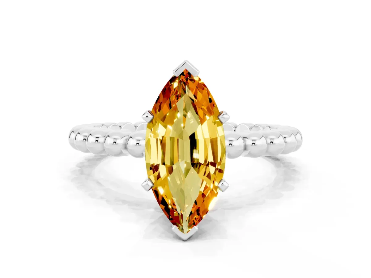 Marquise Cut Citrine Solitaire Ring with Beaded Band and Prong Setting Silver