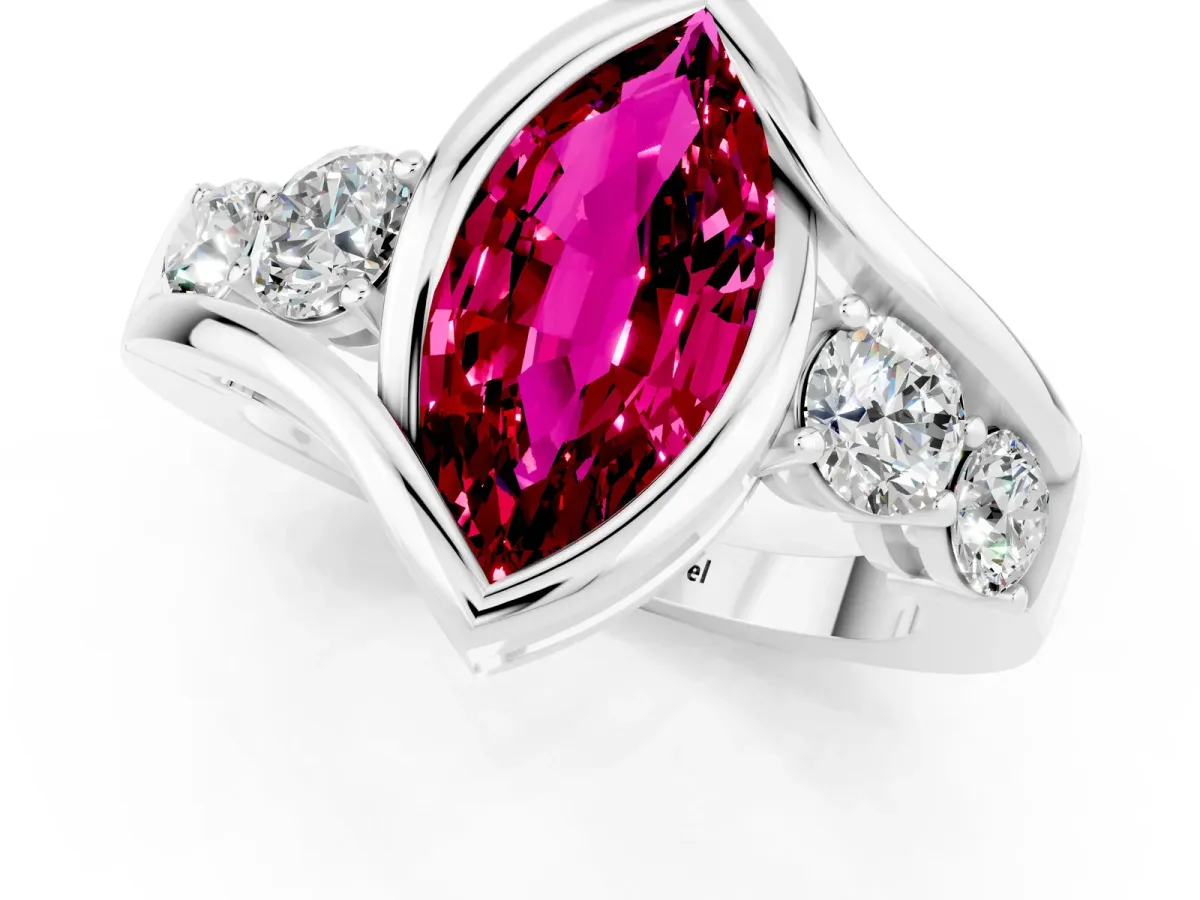 Bezel Set Marquise Cut Garnet Bypass Ring with Round Accents Platinum