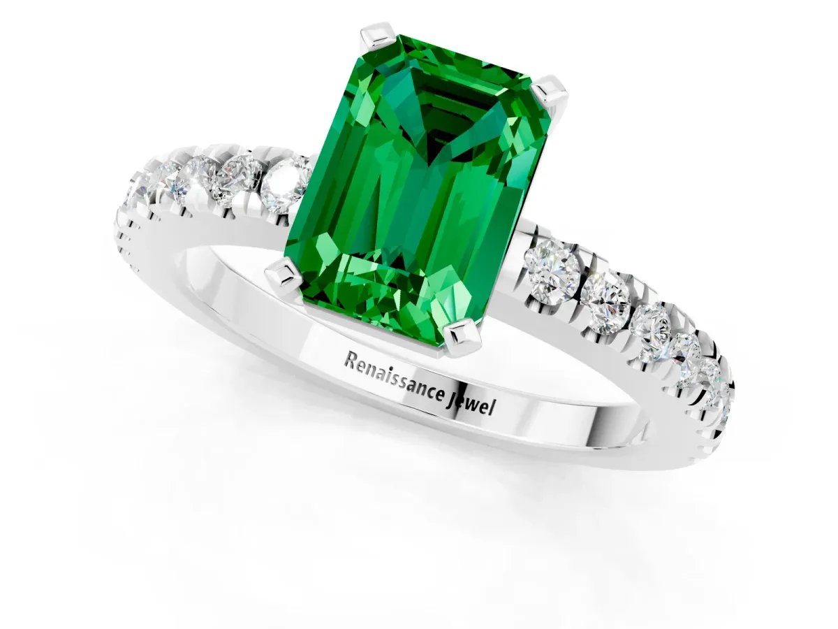 Emerald Cut Solitaire Emerald with Pavé Band and Four-Prong Setting White gold