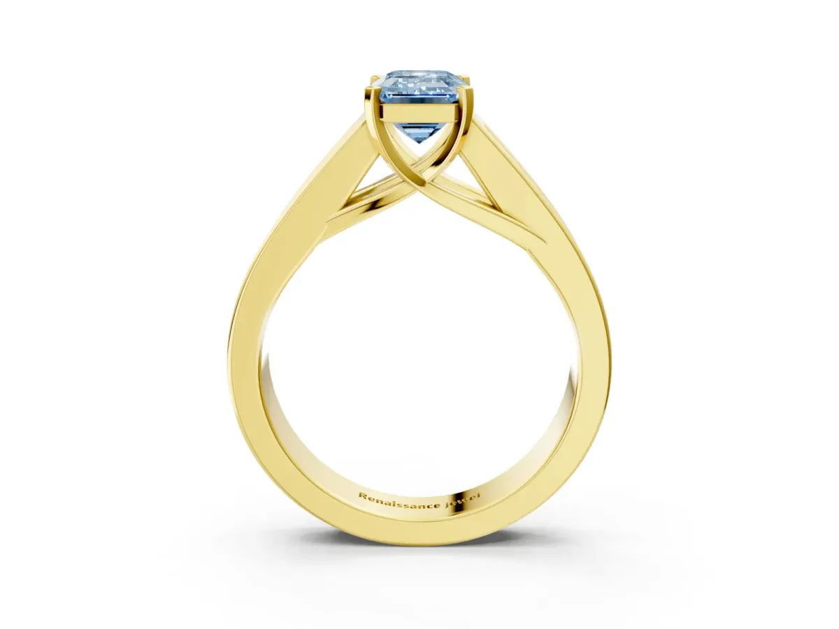 Fancy Blue Emerald Cut Cut Channel Set Solitaire Ring with Four-Prong Setting Yellow gold