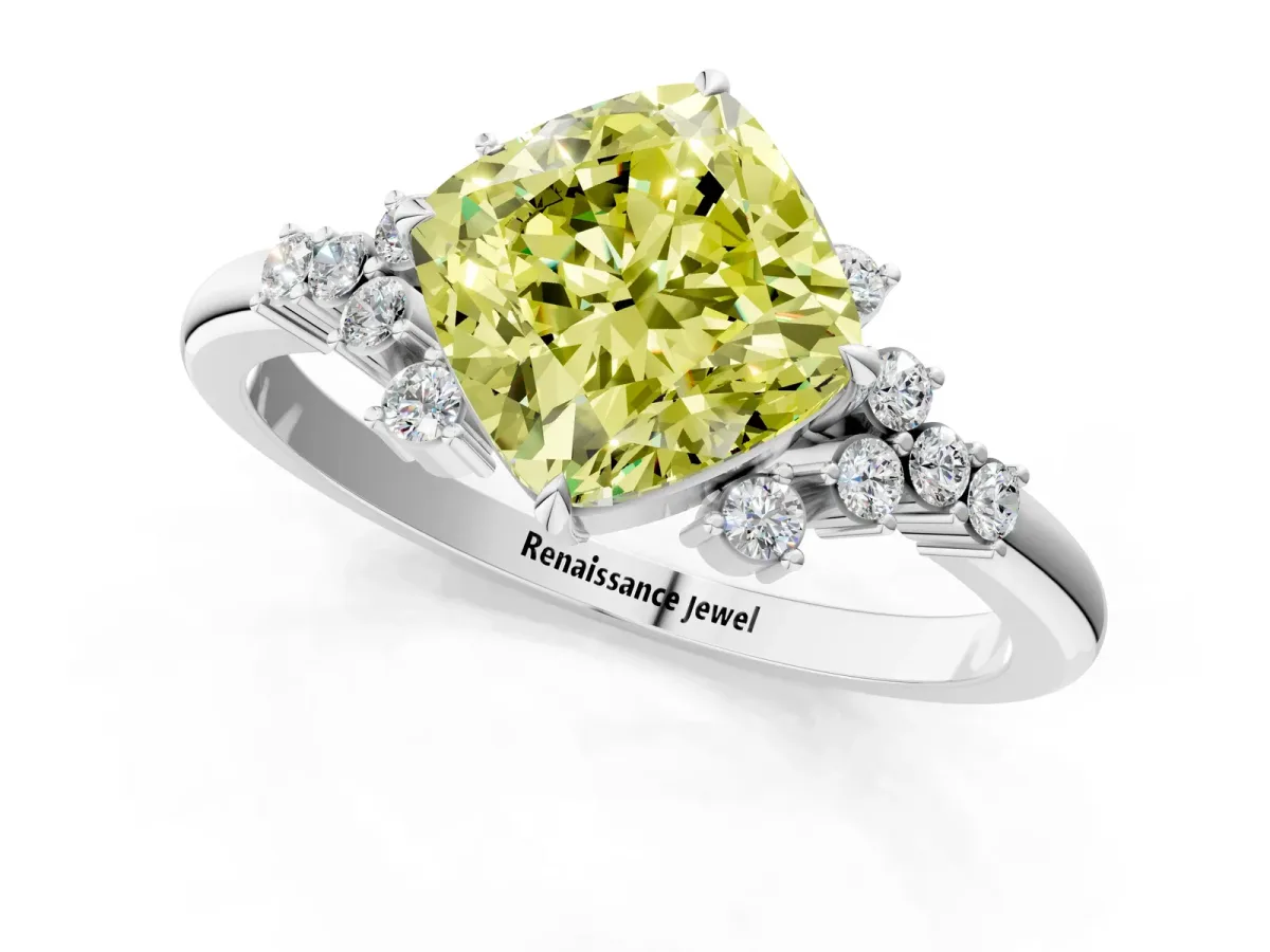 Fancy Yellow Cushion Cut Diamond Ring with Side Stones and Four-Prong Setting Silver