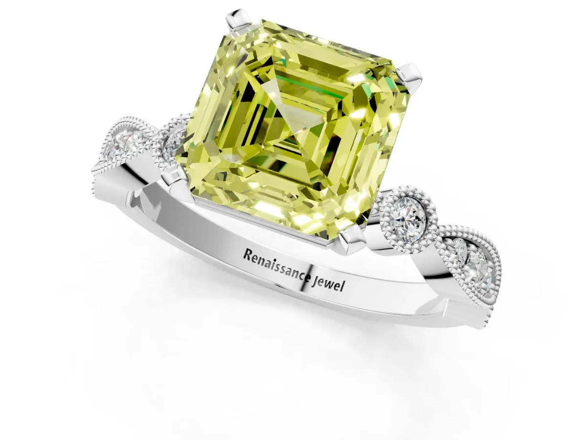 Fancy Yellow Asscher Cut Milgrain Bezel Diamond Engagement Ring with Solitaire Prong Setting Platinum