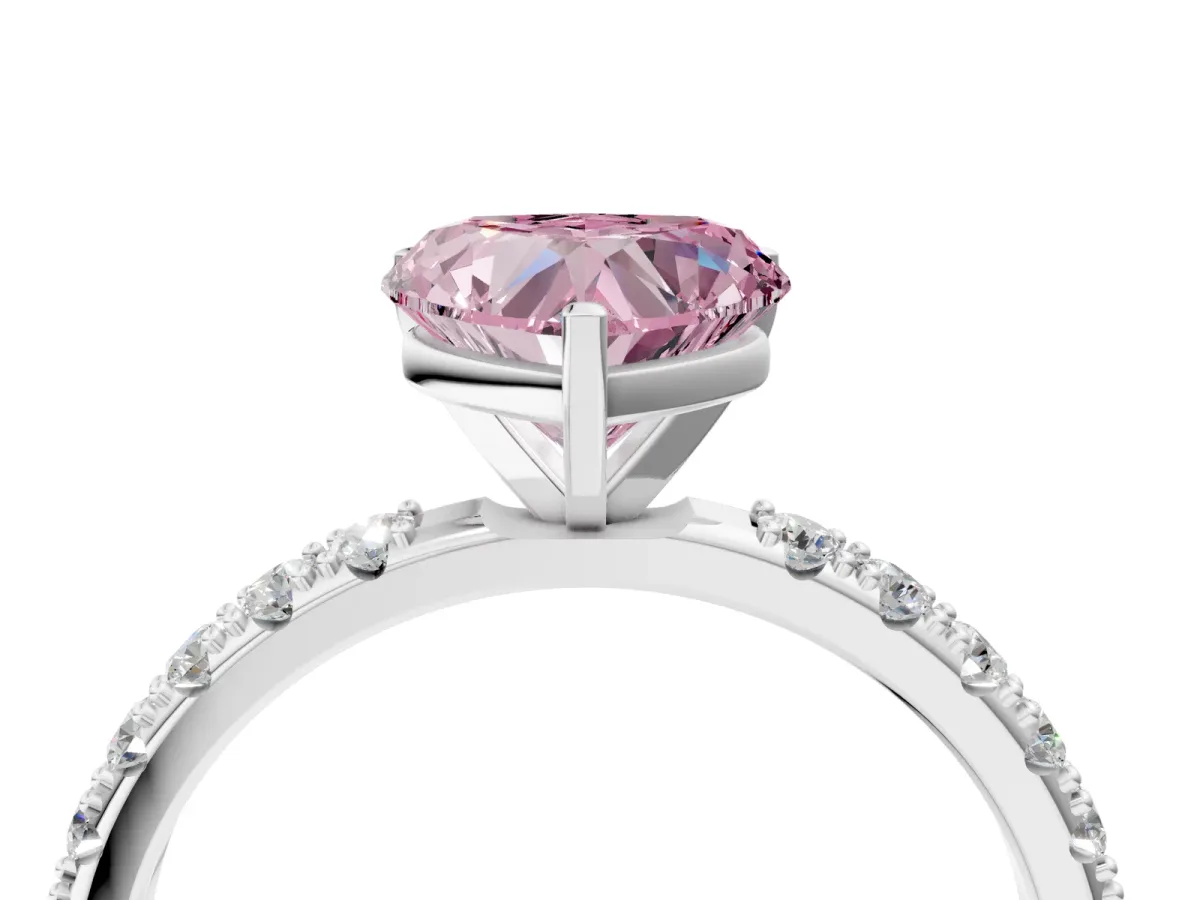 Fancy Pink Heart Cut Diamond Solitaire Pavé Band with Four-Prong Setting Silver