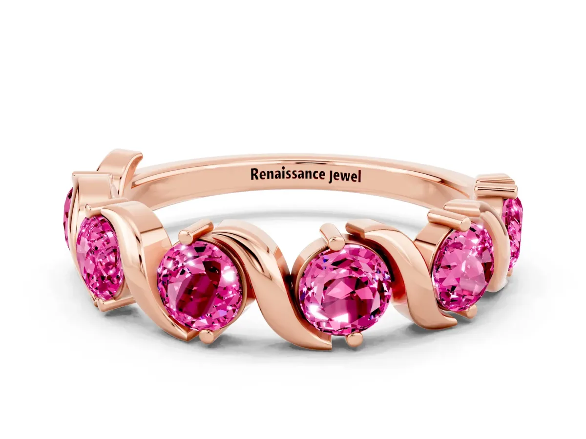 Round Pink Sapphire Half Eternity Band with Wave Prong Setting Rose gold