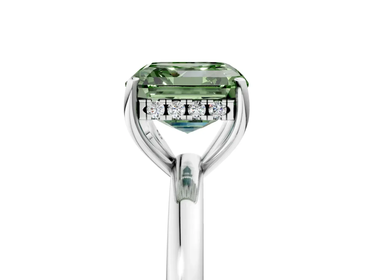 Fancy Green Asscher Cut Solitaire Diamond Ring with Prong Setting and Plain Band Silver