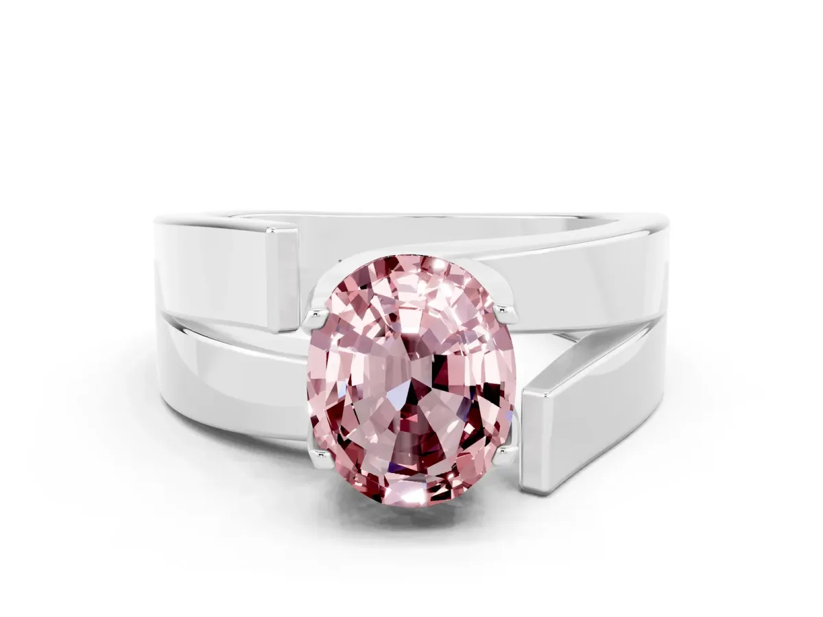 Modern Tension Set Oval Cut Morganite Solitaire Wide Band Ring Silver
