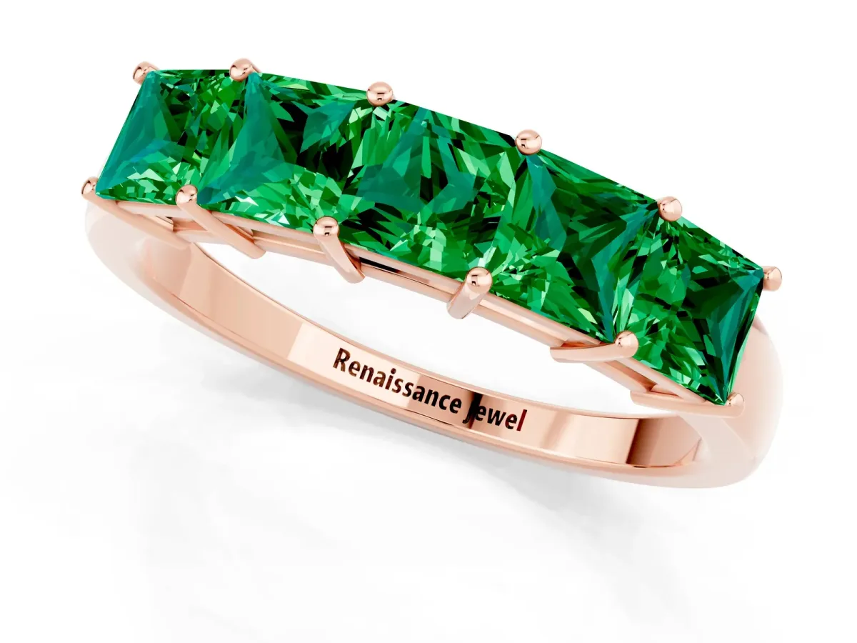 Princess Cut Five-Stone Emerald Band with Prong Setting Rose gold