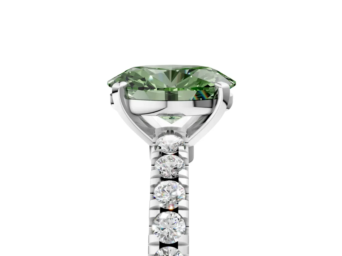Fancy Green Oval Cut Solitaire Diamond with Pavé Band and Four-Prong Setting Silver