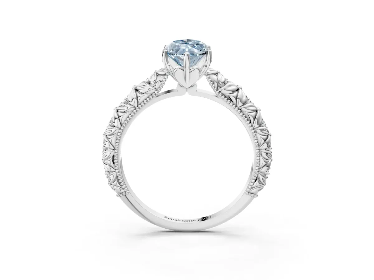 Fancy Blue Marquise Cut Solitaire Floral Milgrain Engagement Ring Silver