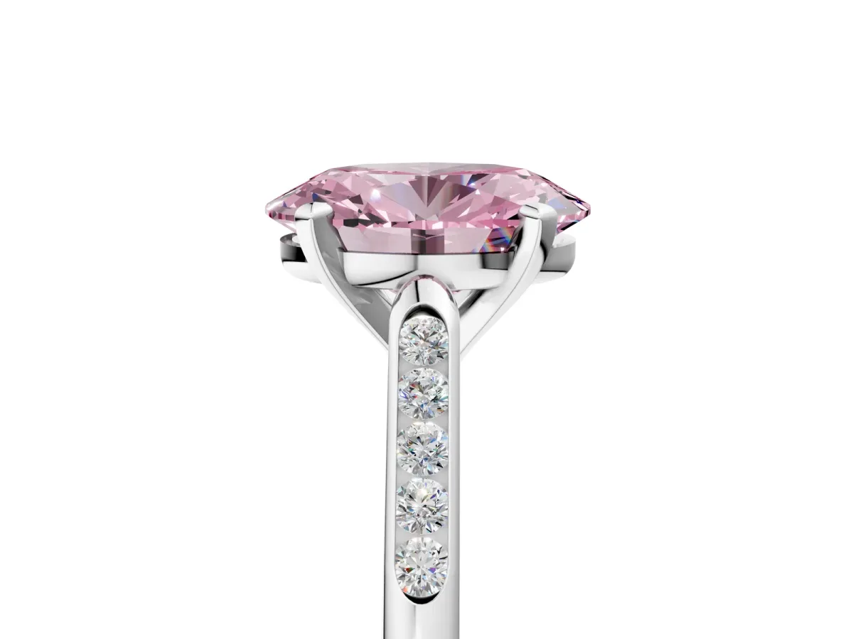 Fancy Pink Oval Cut Diamond Solitaire Ring with Channel Set Round Band and Prong Setting Silver