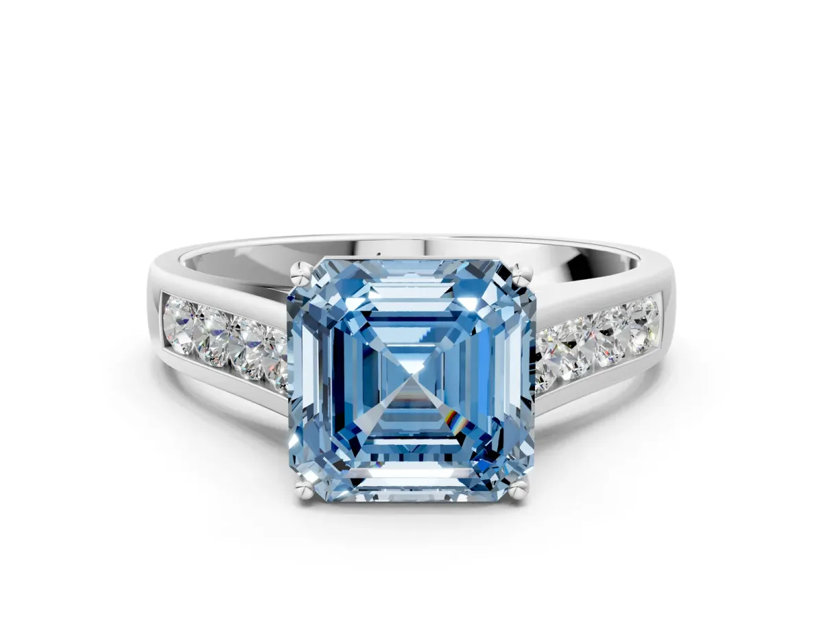 Fancy Blue Asscher Cut Brilliant Channel-Set Solitaire Ring with Four-Prong Setting Platinum