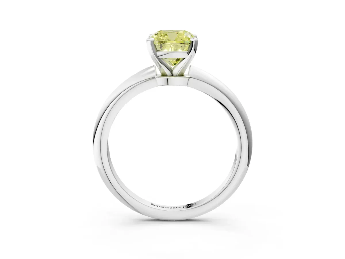 Fancy Yellow Cushion Cut Diamond Solitaire Ring with Six-Prong Setting and Classic Band Silver