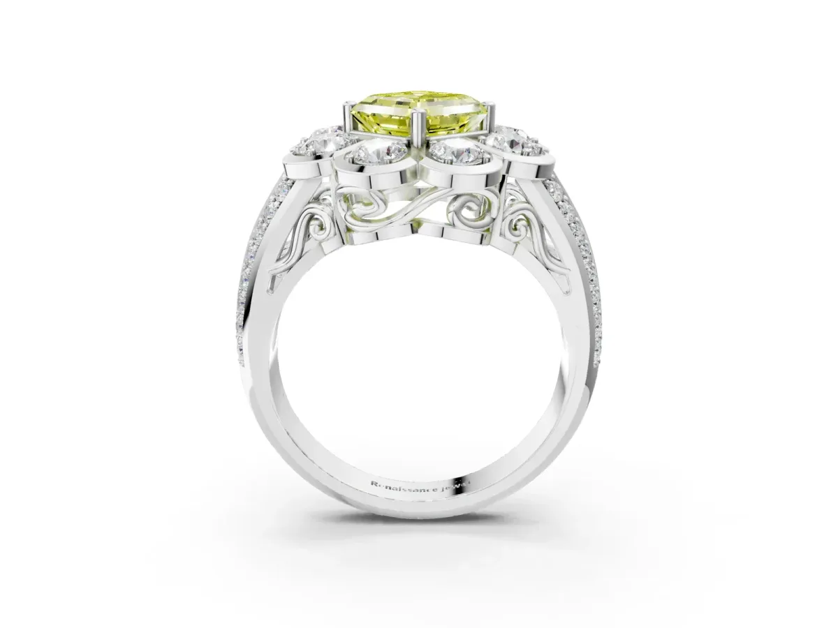 Fancy Yellow Asscher Cut Brilliant Flower Halo Diamond Split Shank Ring Platinum