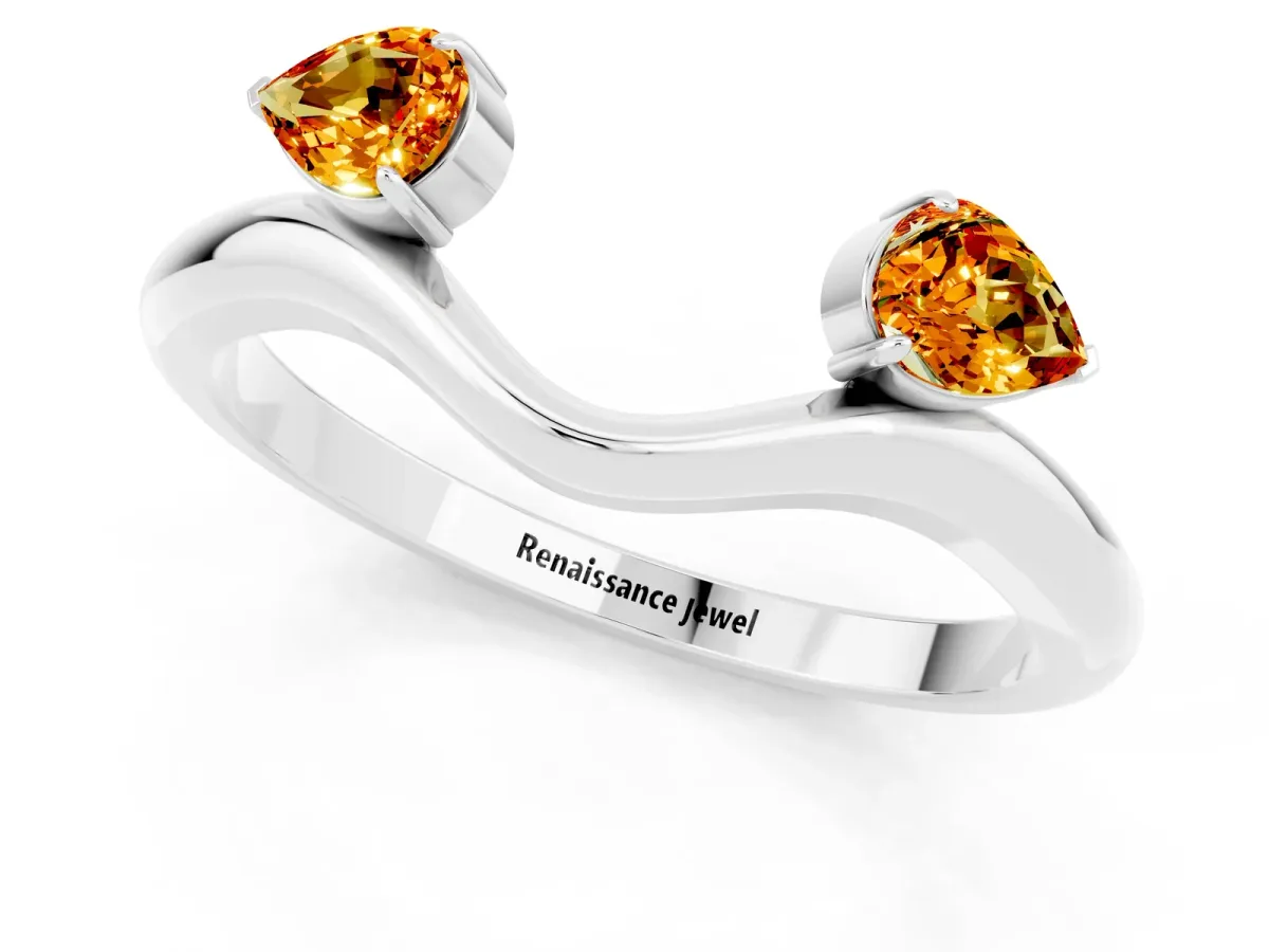 Pear Cut Citrine Two-Stone Open Band Ring with Prong Setting Platinum