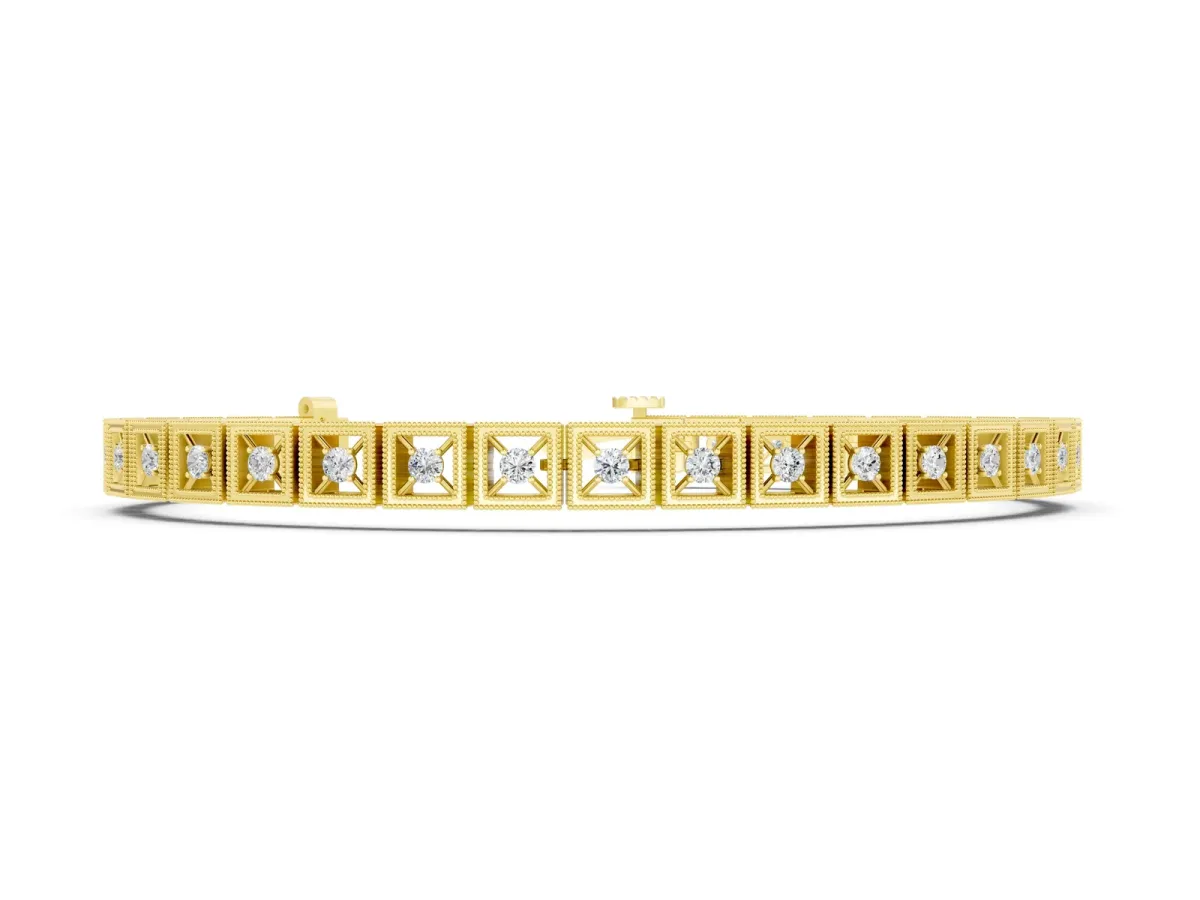 Milgrain Square Link Bracelet with Round Cut Diamonds in Bezel Setting Yellow gold