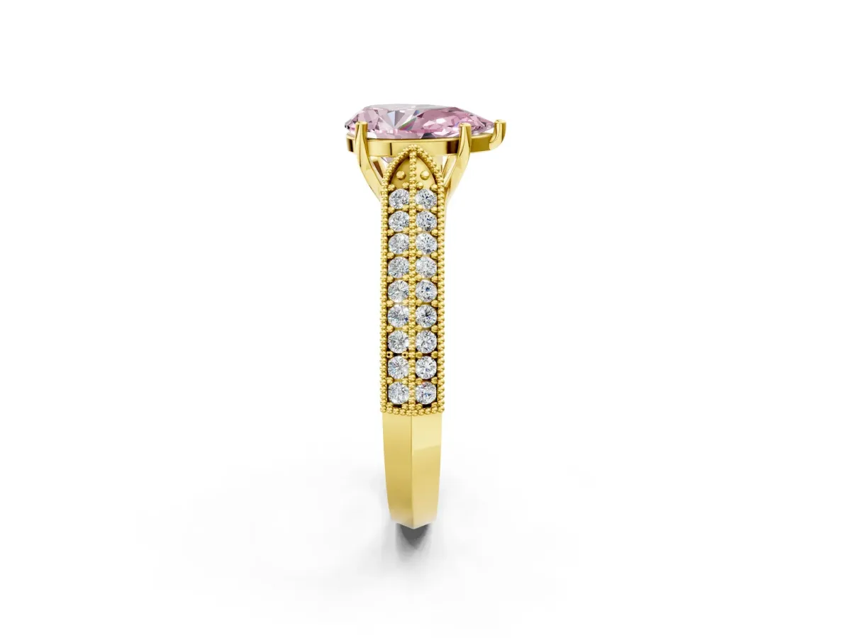 Fancy Pink Pear Cut Cut Pave Split Shank Engagement Ring with Four-Prong Setting Yellow gold