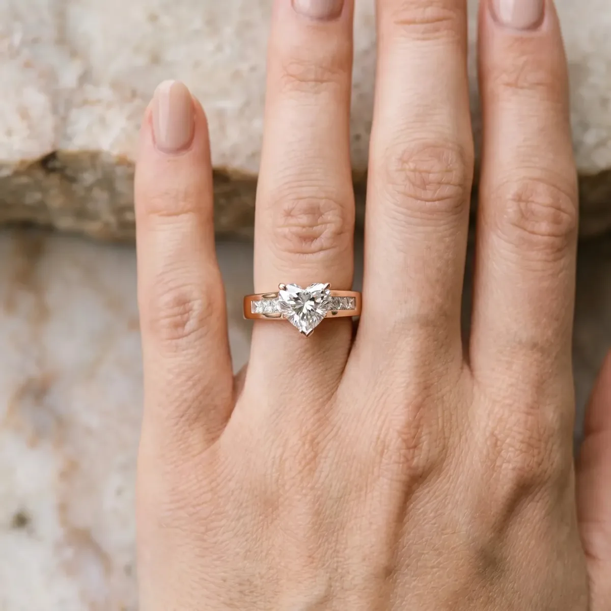 Heart Cut Cut Channel Set Solitaire Ring with Four-Prong Setting Rose gold