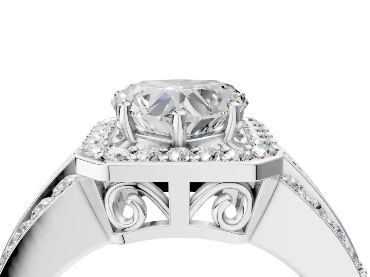 Heart Cut Halo Diamond Ring with Round Split Shank and Prong Setting Platinum